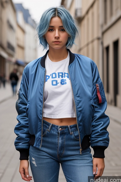 ai nude image of arafed woman with blue hair wearing a blue bomber jacket pics of Woman One 18 Serious Blue Hair French Front View Casual Bomber Jeans Small Ass