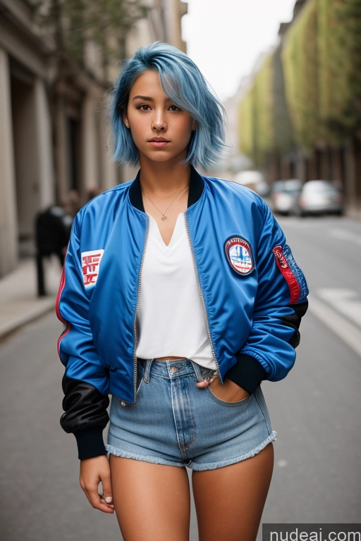 related ai porn images free for Woman One 18 Serious Blue Hair French Film Photo Front View Casual Bomber Jeans Small Ass