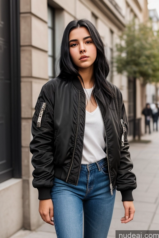 ai nude image of arafed woman in a black bomber jacket and jeans standing on a sidewalk pics of Woman One Thick 18 Sad Black Hair Slicked French Front View Bomber Boots Casual