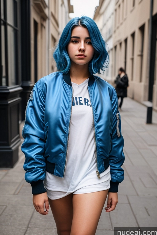 ai nude image of arafed woman with blue hair and a blue jacket walking down a street pics of Woman One Thick 18 Sad Blue Hair Slicked French Front View Bomber Boots Casual