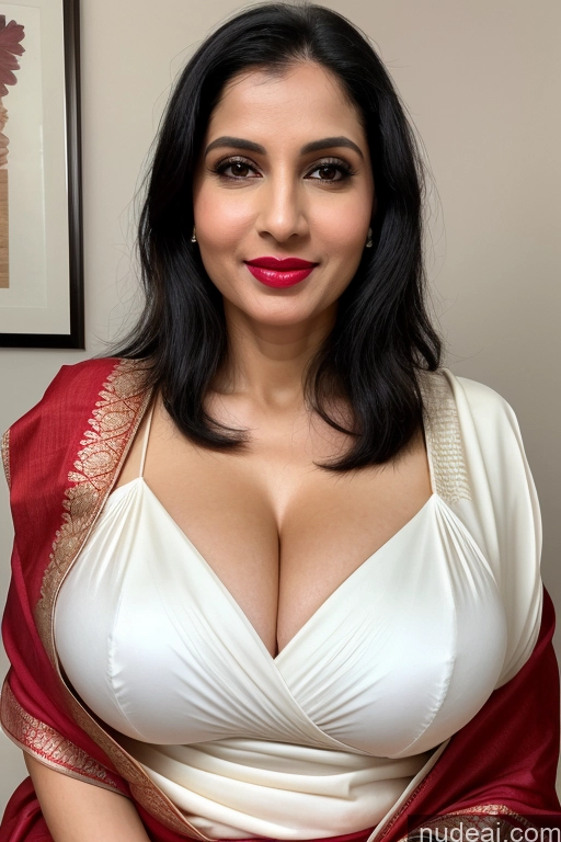 ai nude image of araffe woman in a white dress with red and gold shawl pics of Woman One Huge Boobs Beautiful Lipstick Fairer Skin 40s Black Hair Slicked Close-up View Sari Cleavage Simple White