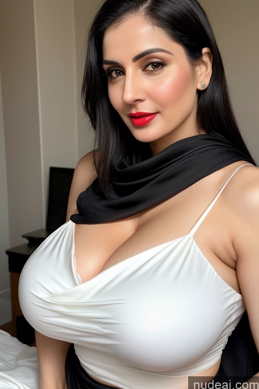 ai nude image of there is a woman in a white top and black skirt posing for a picture pics of Woman One Huge Boobs Beautiful Lipstick Fairer Skin 40s Black Hair Slicked White Sari Cleavage Simple