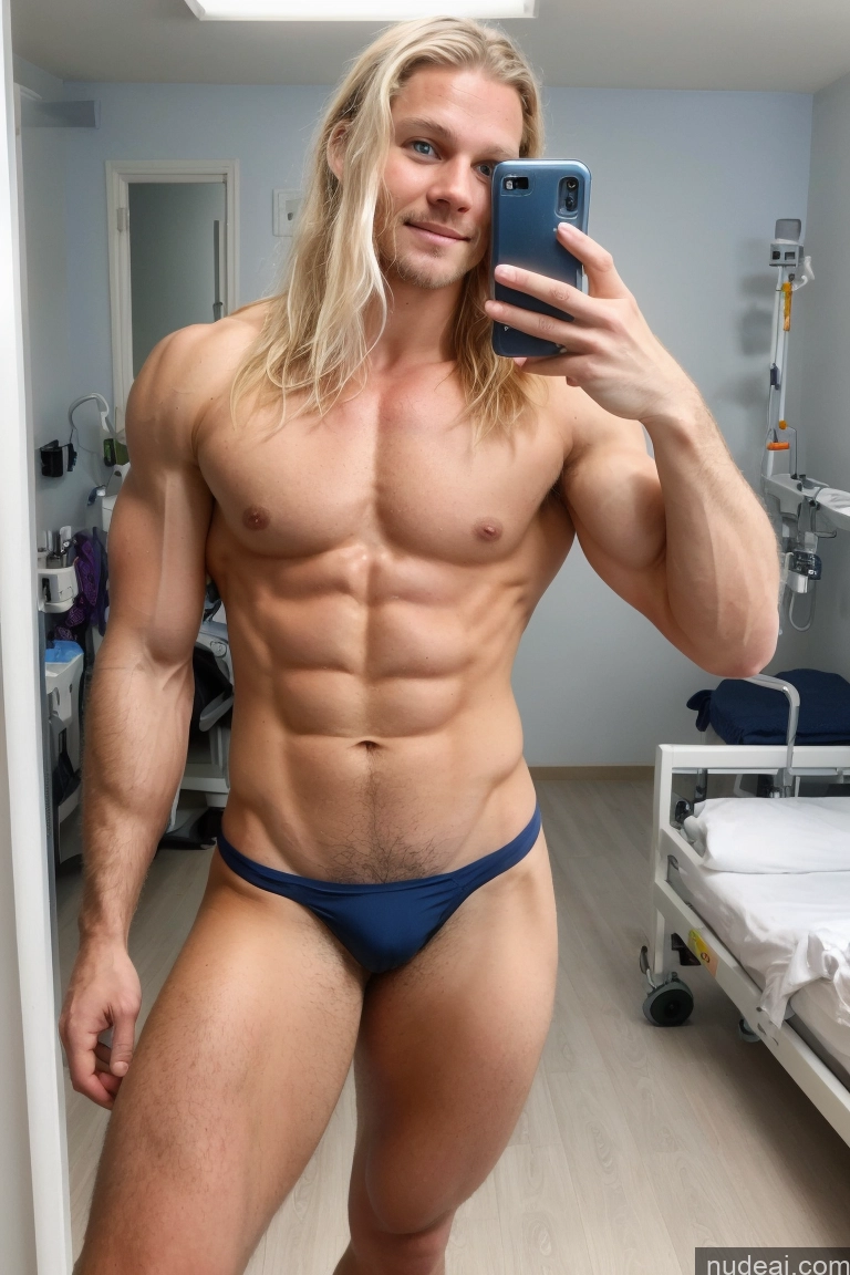 ai nude image of blond man in blue thongie taking a selfie in a hospital room pics of Hairy Women Pubic Hair Muscular Scandinavian Hospital Athlete Small Tits Several Mirror Selfie