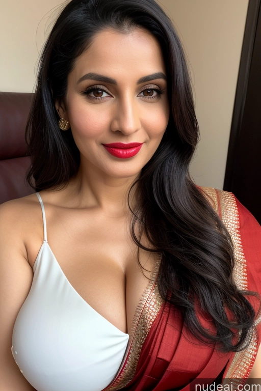 ai nude image of araffed woman in a red and white sari posing for a picture pics of Woman One Huge Boobs Beautiful Lipstick Fairer Skin 40s Black Hair Slicked White Close-up View Sari Cleavage Simple