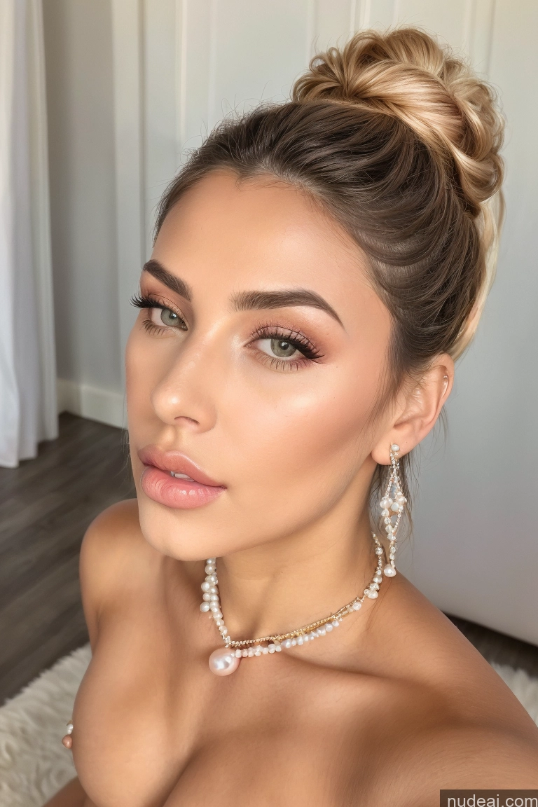 ai nude image of a close up of a woman with a pearl necklace and earrings pics of Bimbo Small Tits Lipstick Pubic Hair Long Legs 40s Pouting Lips Brunette Hair Bun Turkish Warm Anime Bright Lighting Jewelry Pearl Jewelry Diamond Jewelry Gold Jewelry Detailed