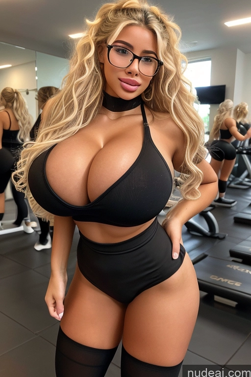 ai nude image of araffes in a black bikini and glasses posing in a gym pics of Bimbo Two Huge Boobs Glasses Busty Thick Big Ass Lipstick Big Hips Short 18 Orgasm Blonde Curly Hair Latina Mirror Selfie Gym Thigh Socks