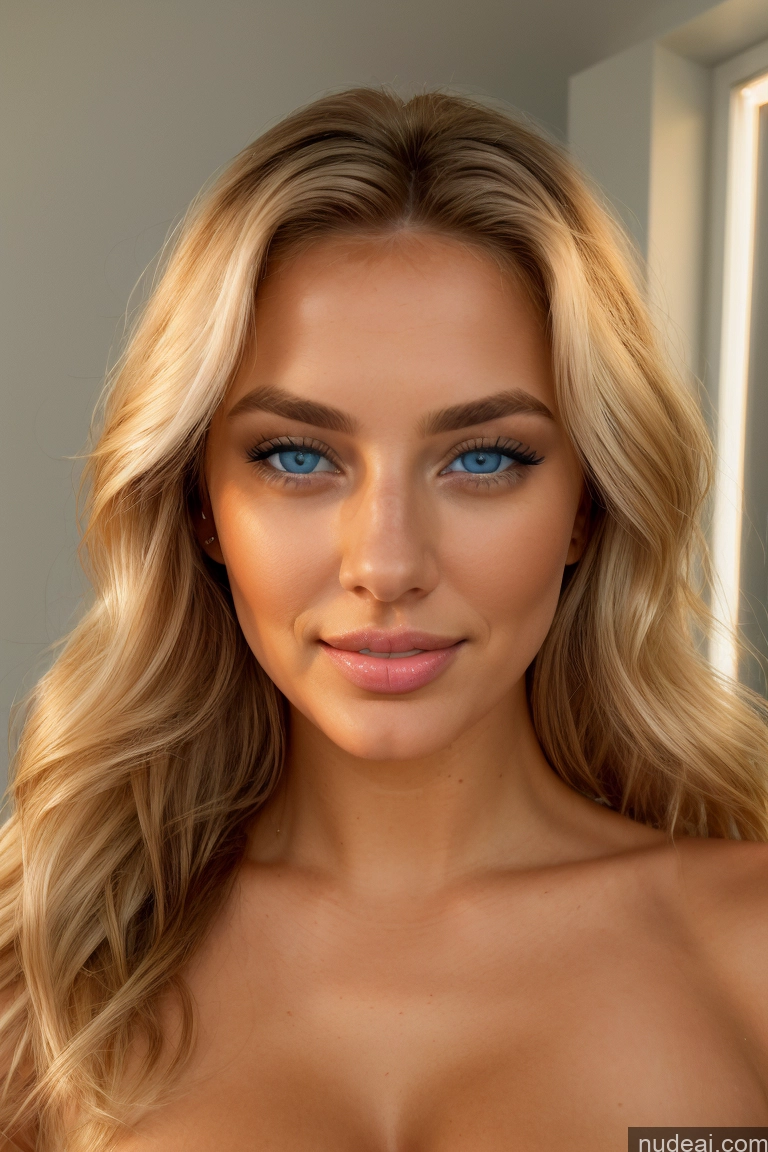 ai nude image of blond woman with blue eyes and long hair posing for a picture pics of Busty Perfect Boobs Beautiful Muscular Abs Perfect Body Oiled Body Deep Blue Eyes Nude Complete Nude Bright Lighting Dutch Doll Likeness Fairer Skin 20s Dutch Happy Bedroom Wavy Hair Blonde Full Frontal Fake Breasts Long Legs Woman