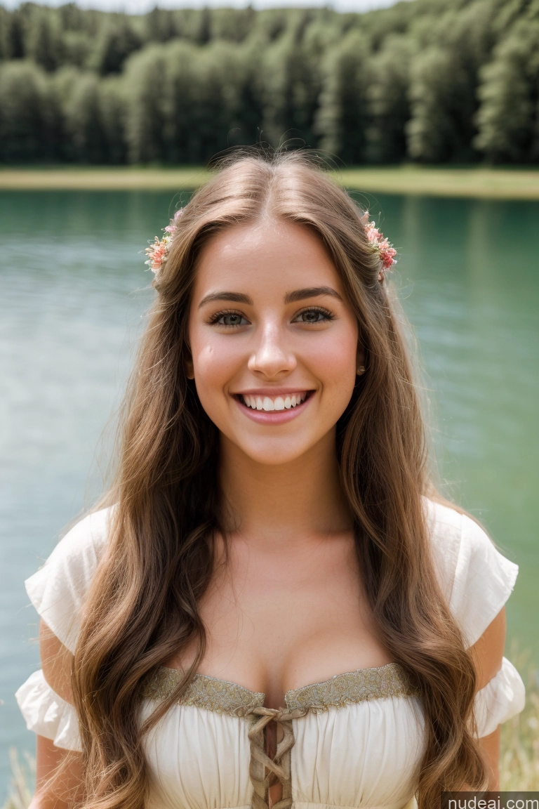 ai nude image of smiling woman in white dress standing by a lake with trees in the background pics of Model Beautiful Perfect Body 20s Happy Long Hair British Lake Front View Medieval