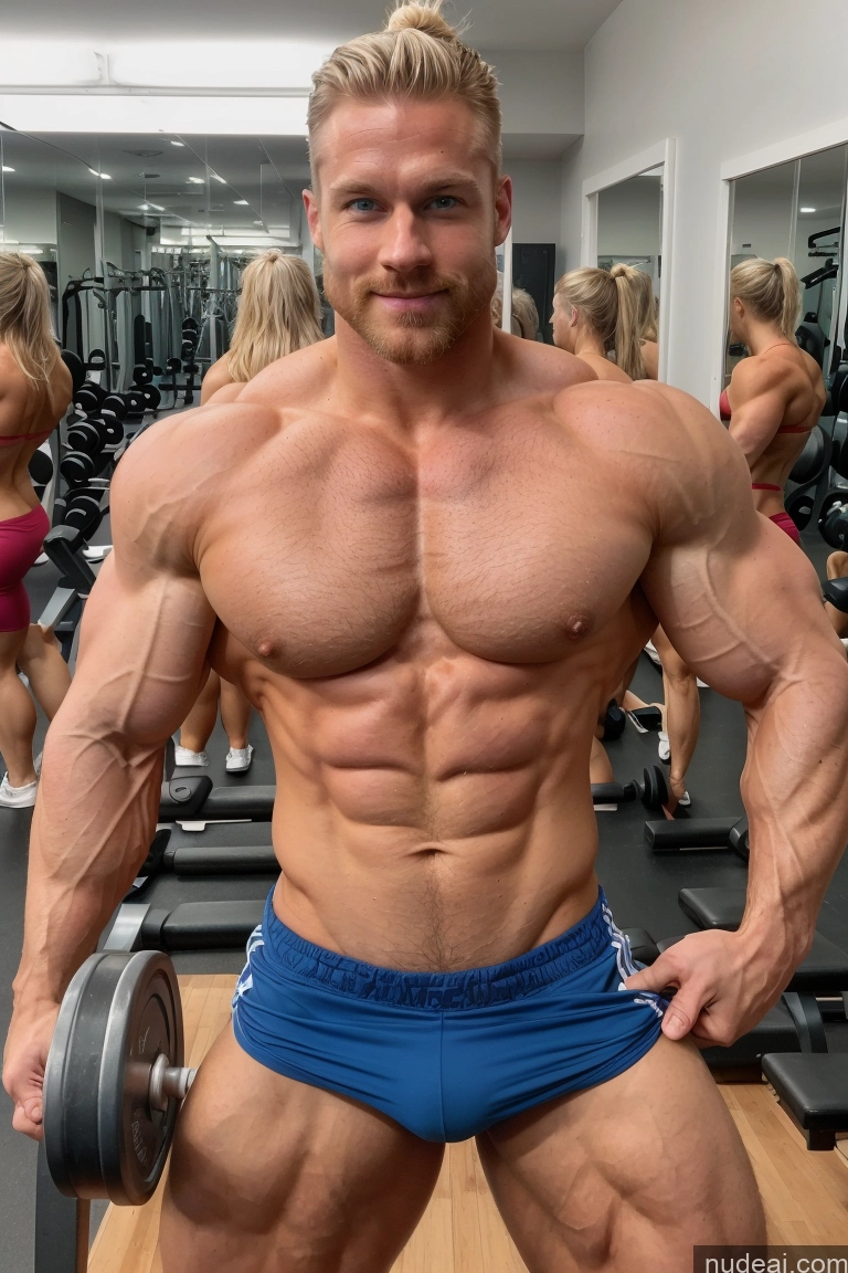 ai nude image of arafed man in blue trunks holding a dumbble in a gym pics of Hairy Women Pubic Hair Muscular Perfect Boobs Bodybuilder Several Scandinavian Mirror Selfie Gym Busty