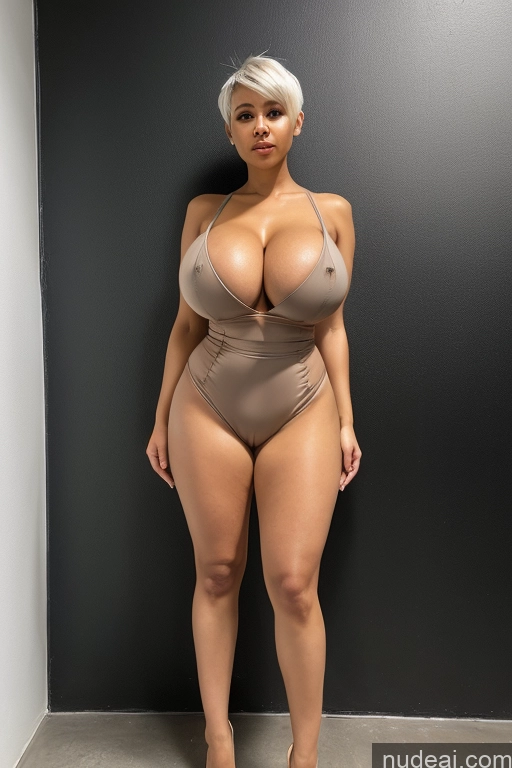 ai nude image of araffe woman in a tan bodysuit posing for a picture pics of Busty Huge Boobs Perfect Boobs Small Ass Skinny Long Legs Dark Skin Cyborg White Hair Pixie Dark Fantasy Dynamic View Nude Alternative Partially Nude Spread Pussy Jumpsuit