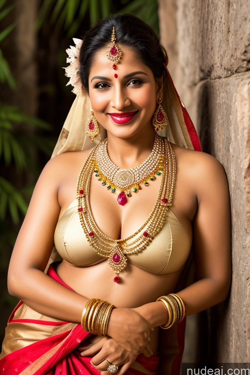 ai nude image of arafed woman in a red and gold sari posing for a picture pics of Milf One Small Tits Lipstick 30s Happy Indian Watercolor Dirndl Sari Tribal Tunic Traditional Partially Nude Gold Jewelry Jewelry Pearl Jewelry Bright Lighting Detailed