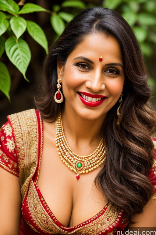 ai nude image of smiling woman in red and gold sari posing for a picture pics of Milf One Small Tits Lipstick 30s Happy Indian Watercolor Dirndl Sari Tribal Tunic Traditional Partially Nude Gold Jewelry Jewelry Pearl Jewelry Bright Lighting Detailed