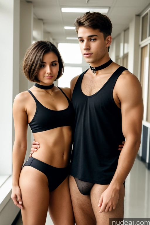 ai nude image of they are two people standing next to each other in a hallway pics of Woman + Man Small Tits Small Ass Skinny School Hallway 18 Brunette Short Hair Choker Tank Top Underwear White Perfect Boobs