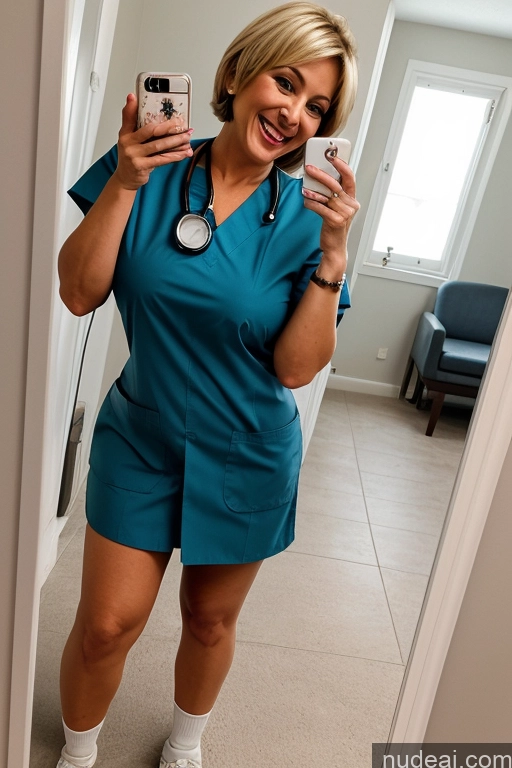 ai nude image of arafed woman in scrubs taking a selfie in a mirror pics of Milf Busty Beautiful Big Ass Big Hips Laughing Detailed Nurse One 40s Blonde Bobcut British Mirror Selfie Squatting Front View