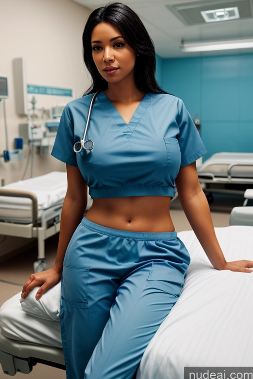 ai nude image of arafed woman in scrubs sitting on a bed in a hospital pics of Huge Boobs Skinny Big Ass 20s Black Hair Latina 3d Hospital Front View On Back Nurse Detailed Woman