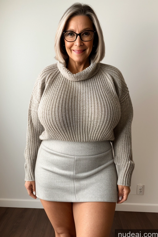 ai nude image of arafed woman in a gray sweater and skirt posing for a picture pics of 60s Thick Huge Boobs Sweater Mini Skirt Jewelry Glasses