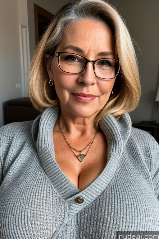 ai nude image of blond woman with glasses and a sweater posing for a picture pics of 60s Thick Huge Boobs Sweater Jewelry Glasses Jeans