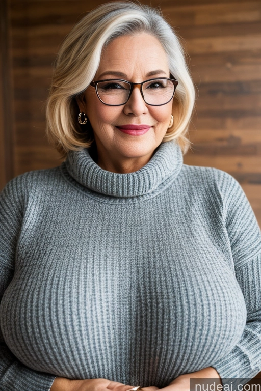 ai nude image of blond woman in glasses and a turtleneck sweater posing for a portrait pics of 60s Thick Huge Boobs Sweater Jewelry Glasses Jeans