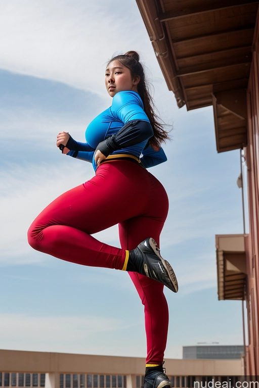 ai nude image of araffe woman in red pants and blue shirt jumping in the air pics of Thick Huge Boobs Mongolian Superhero Spandex Big Hips Big Ass Athlete 18 Jumping