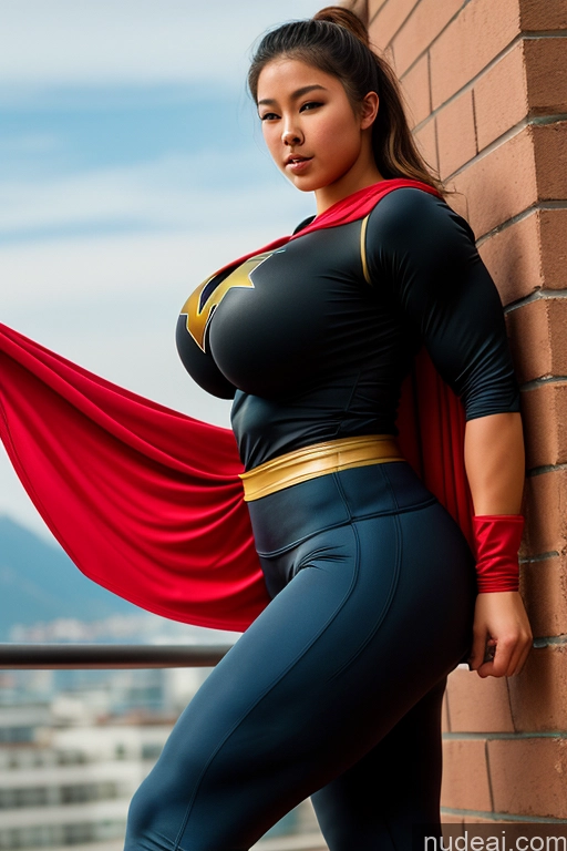 ai nude image of araffe woman in a black and red costume leaning against a brick wall pics of Thick Huge Boobs Mongolian Superhero Spandex Big Hips Big Ass Athlete 18 Muscular Cleavage