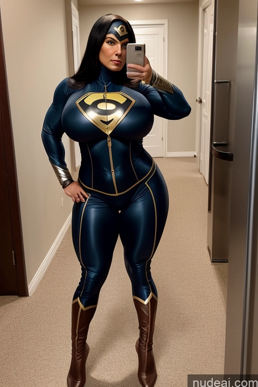 ai nude image of araffe woman in a black and gold costume taking a selfie pics of Thick Huge Boobs Superhero Big Hips Big Ass Muscular Middle Eastern Milf Suit Black Hair