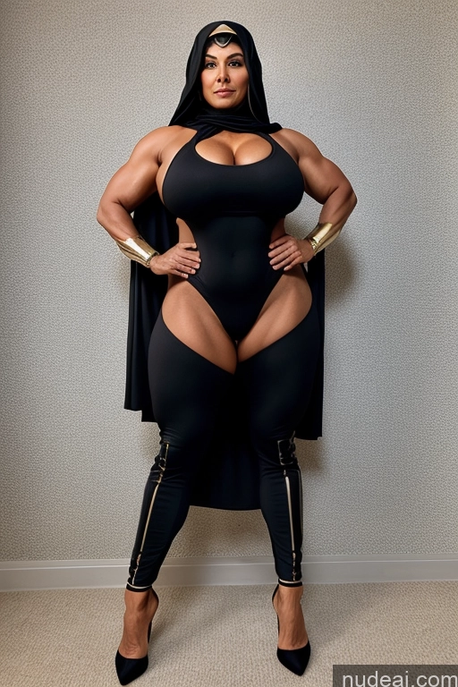 ai nude image of araffe woman in a black costume posing for a picture pics of Thick Huge Boobs Superhero Big Hips Big Ass Muscular Middle Eastern Milf Suit Black Hair