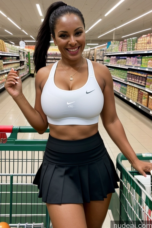 ai nude image of arafed woman in a white top and black skirt standing in a grocery store pics of Busty One Big Ass Big Hips 30s Laughing Grocery Detailed Milf Tennis Dark Skin Brunette Mini Skirt Sports Bra Ponytail Brazilian