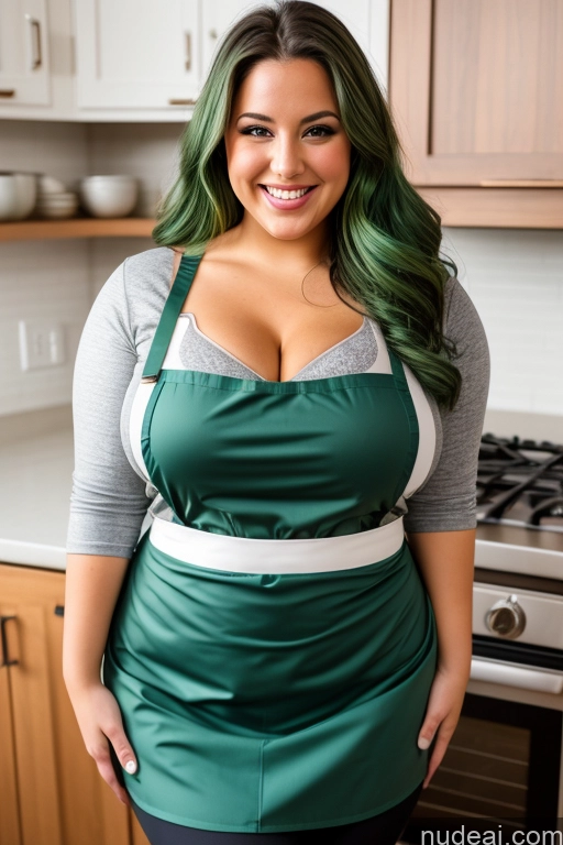 ai nude image of there is a woman with green hair and a green apron pics of Woman One Busty Beautiful Big Ass Thick Big Hips Long Hair Apron 30s Happy Cleavage Detailed Fat Alternative Spandex Green Hair Bra