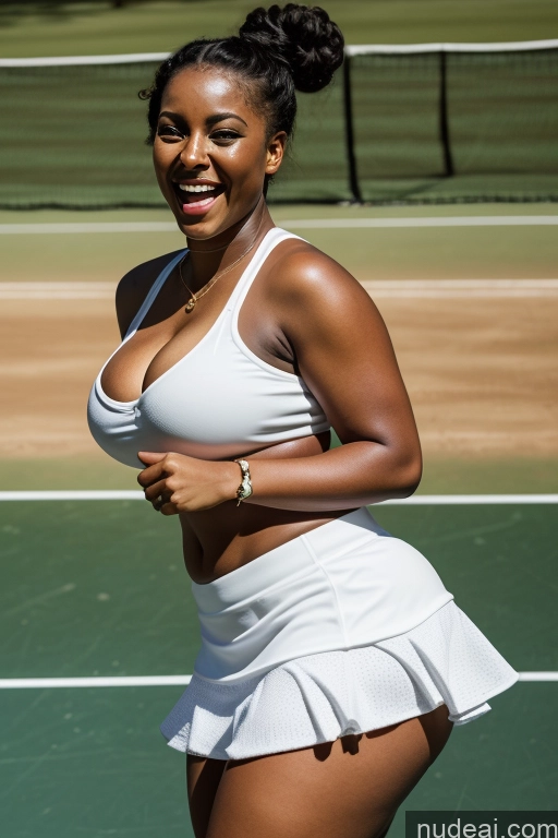 ai nude image of there is a woman in a white skirt on a tennis court pics of Woman One Busty Beautiful Big Ass Big Hips Perfect Boobs Laughing Dark Skin Black Detailed Cleavage 30s Tennis White Hair Hair Bun