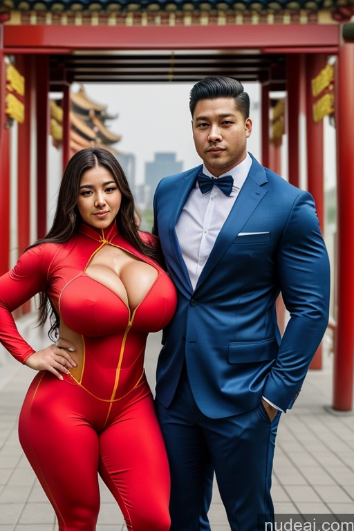 ai nude image of there is a man and woman dressed in red posing for a picture pics of Thick Huge Boobs Big Hips Big Ass Muscular Superhero Suit Chinese Woman + Man