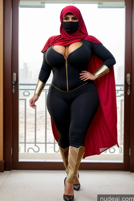 ai nude image of araffe woman in a black and red costume and a red cape pics of Thick Huge Boobs Big Hips Big Ass Muscular Superhero Suit Arabic Niqab