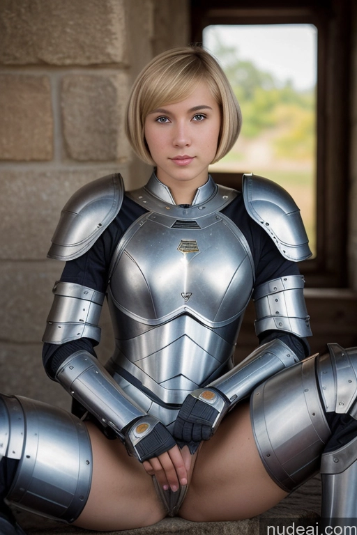 ai nude image of arafed woman in armor sitting on a ledge with a sword pics of Medieval Sci-fi Armor French Blonde Short Hair 18 Spreading Legs