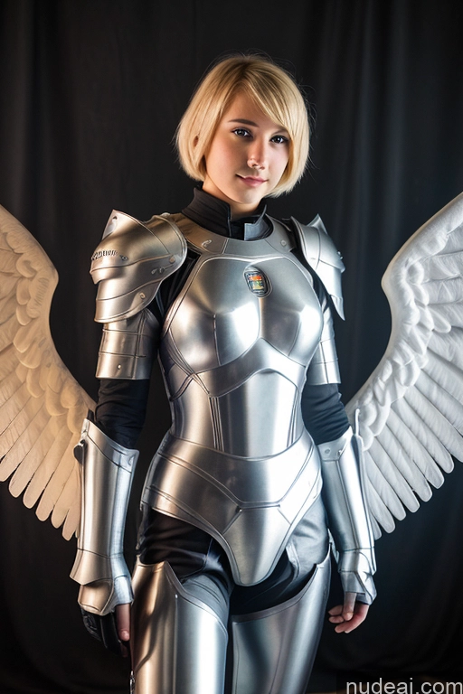 ai nude image of there is a woman in a silver suit with wings on her back pics of Medieval French Blonde Short Hair 18 Angel Sci-fi Armor Athlete