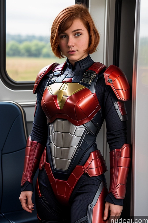 ai nude image of araffe woman in a red and silver suit standing on a train pics of 18 Superhero Train Ginger Short Hair Mech Suit