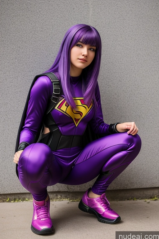 ai nude image of araffe in a purple costume crouches down to pose for a picture pics of 18 Superhero Suit Purple Hair Squatting