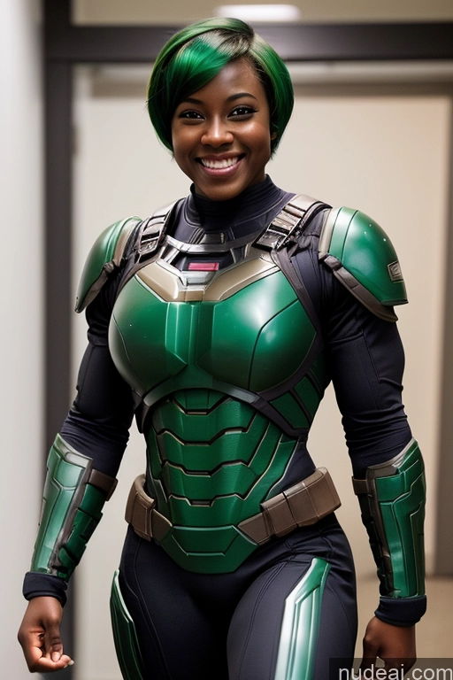 related ai porn images free for Superhero Short Hair Mech Suit Green Hair Dark Skin Happy Muscular