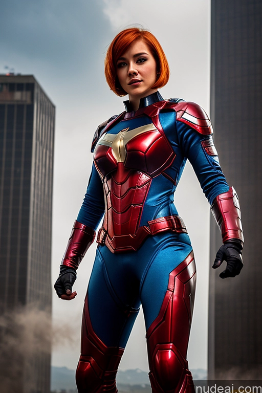 ai nude image of araffe woman in a red and blue suit standing in front of a city pics of Superhero Ginger Short Hair Mech Suit