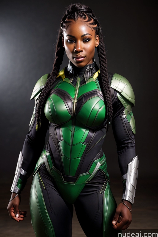 ai nude image of araffe woman in a green and black costume posing for a picture pics of Superhero Mech Suit Muscular Braided Green Hair African