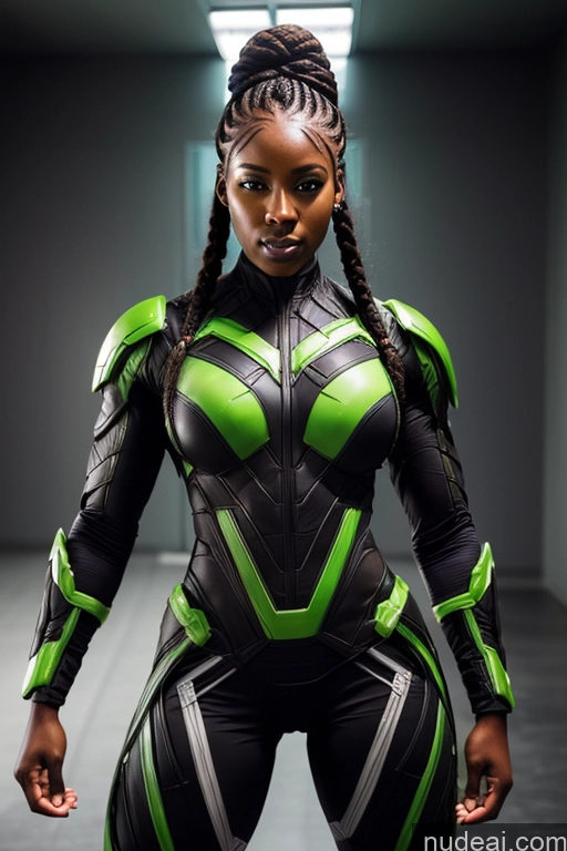 ai nude image of araffe woman in a black and green costume posing for a picture pics of Superhero Mech Suit Muscular Braided Green Hair African