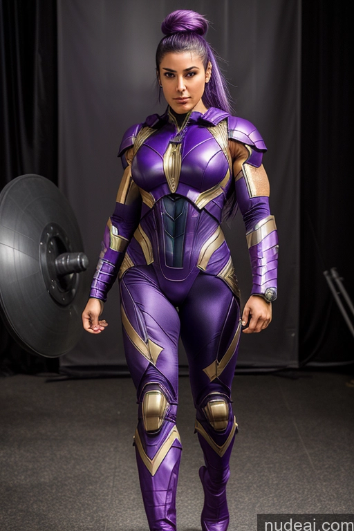 ai nude image of araffe dressed in a purple suit and gold armor poses for a picture pics of Superhero Mech Suit Muscular Middle Eastern Purple Hair Slicked