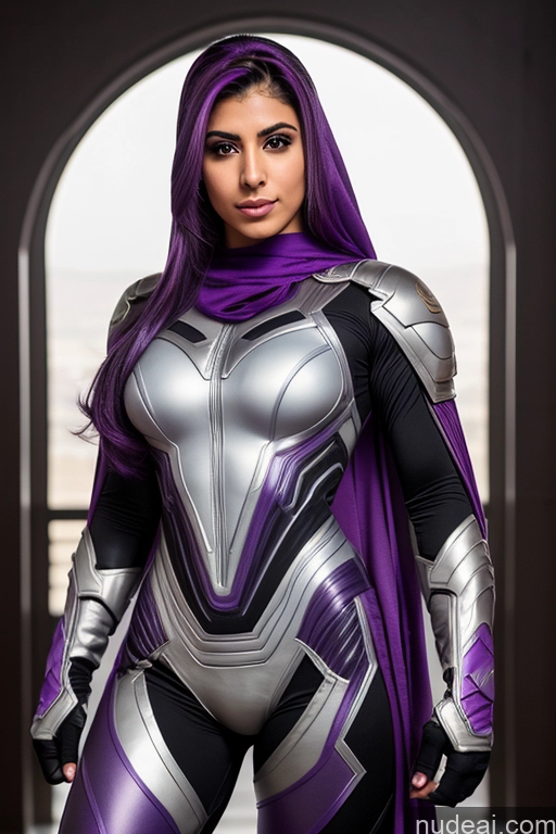 ai nude image of a close up of a woman in a purple costume posing for a picture pics of Superhero Mech Suit Muscular Purple Hair Slicked Arabic