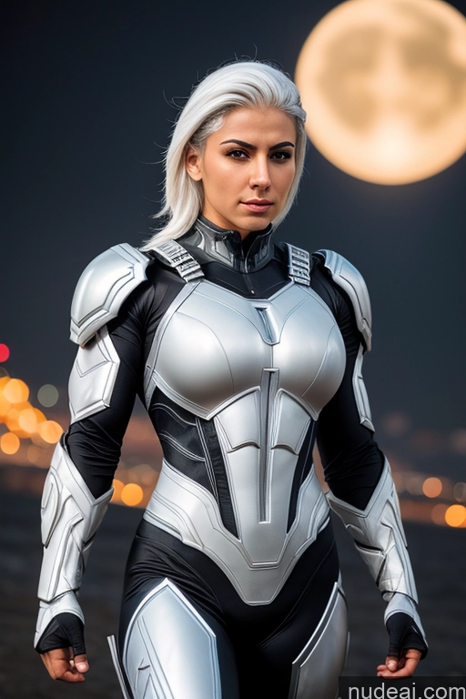 ai nude image of arafed woman in a futuristic suit walking in front of a full moon pics of Superhero Mech Suit Muscular Slicked White Hair Middle Eastern