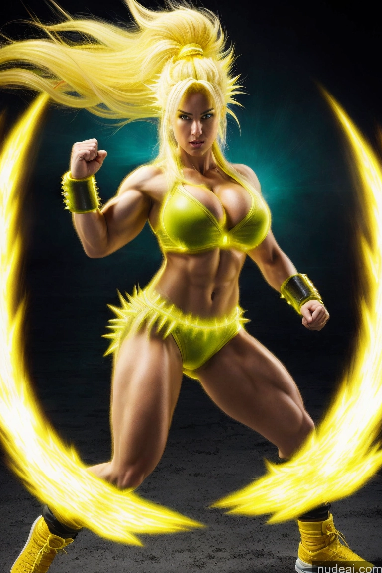 ai nude image of a close up of a woman in a yellow outfit with a yellow ring pics of Super Saiyan 3 Busty Abs Powering Up Muscular Woman Super Saiyan Neon Lights Clothes: Yellow Martial Arts