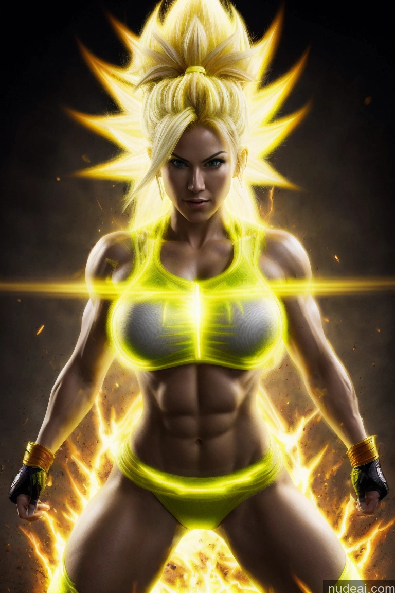 ai nude image of a woman in a bikini top and yellow shorts posing for a picture pics of Super Saiyan 3 Busty Abs Powering Up Muscular Woman Super Saiyan Neon Lights Clothes: Yellow Martial Arts Science Fiction Style Knight