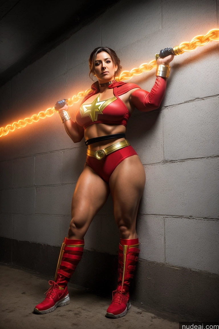 ai nude image of araffe woman in a red and gold costume holding a glowing sword pics of Prison Chain Shackles Superhero Superheroine Busty Muscular Abs Cosplay Science Fiction Style Power Rangers Mary Thunderbolt Bondage