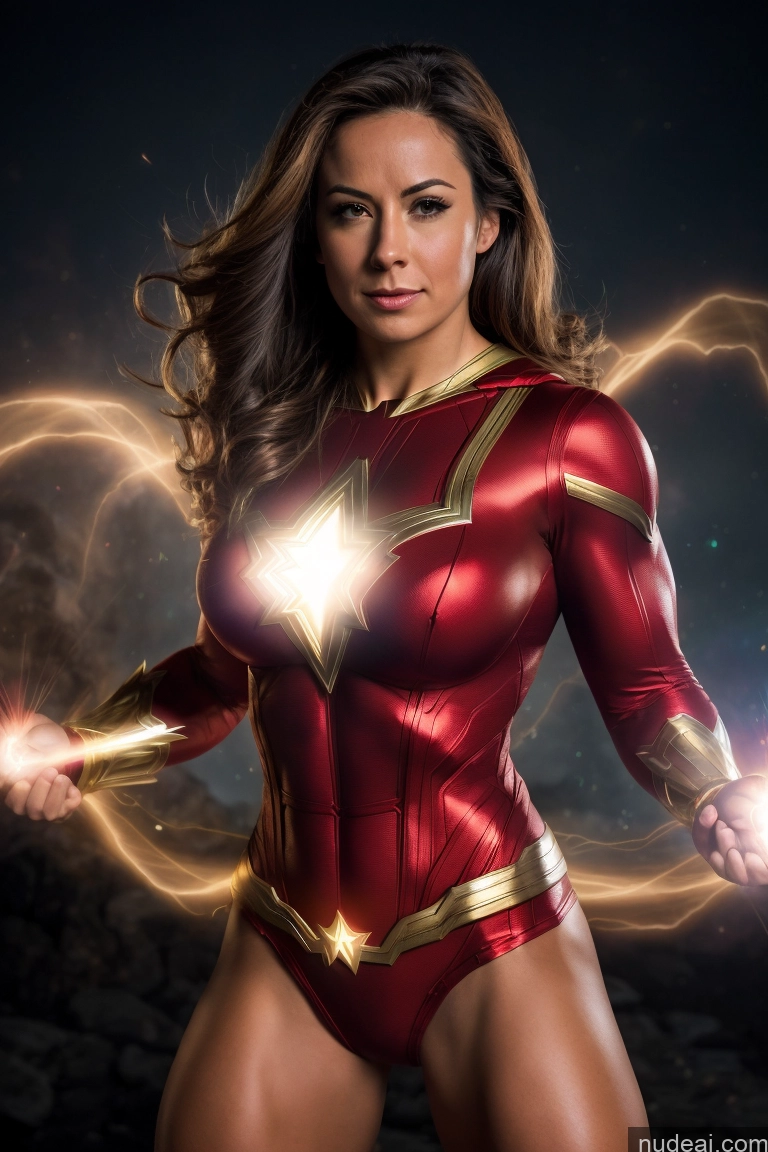 ai nude image of a close up of a woman in a red and gold costume pics of Muscular Mary Thunderbolt Powering Up Neon Lights Clothes: Red Busty Small Tits Superhero Abs Superheroine Dynamic View