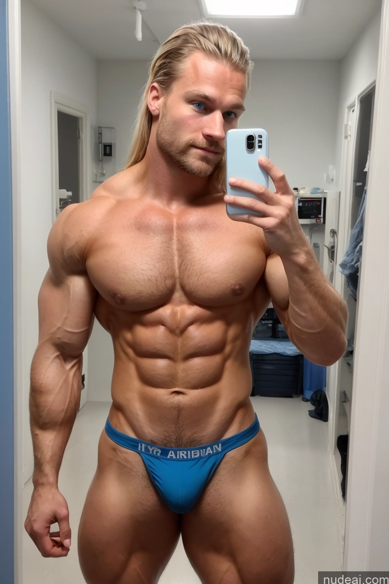 ai nude image of arafed male bodybuilder in a blue brief taking a selfie pics of Bodybuilder Several Pubic Hair Hairy Women Muscular 20s Scandinavian Hospital Mirror Selfie Perfect Boobs