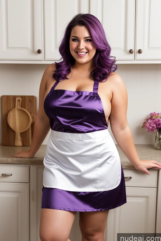 ai nude image of purple hair woman in a purple and white dress posing in a kitchen pics of Busty Beautiful Thick Chubby Fat 30s Happy Apron Nude Satin Purple Hair Bikini