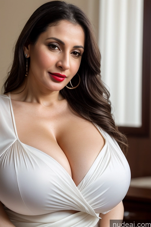 related ai porn images free for Woman One Huge Boobs Beautiful Lipstick Fairer Skin 40s Slicked White Simple Sari Cleavage Close-up View