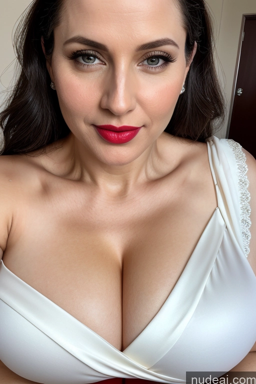 ai nude image of arafed woman in a white dress with a red tie pics of Woman One Huge Boobs Beautiful Lipstick Fairer Skin 40s Slicked White Simple Sari Cleavage Close-up View